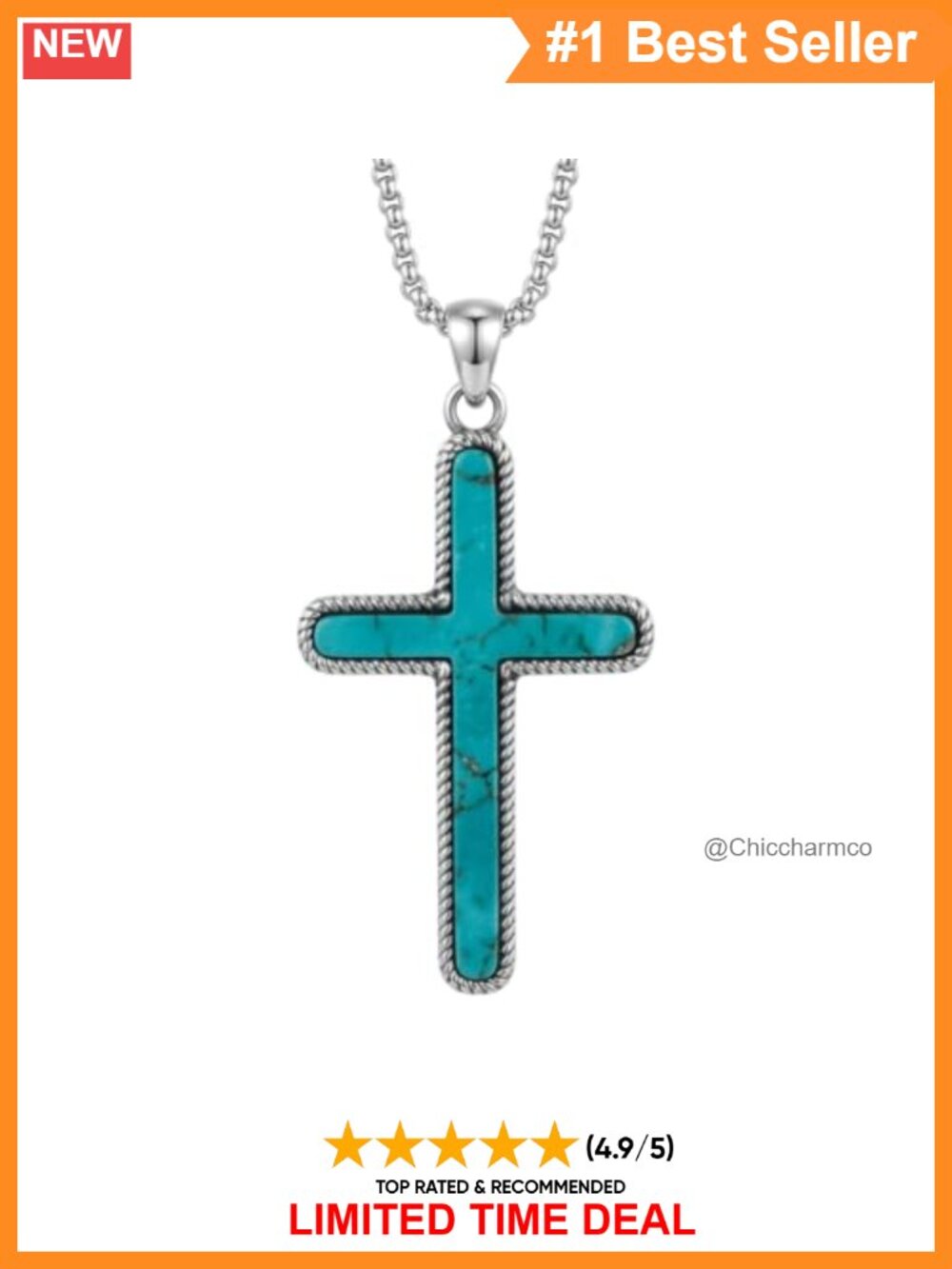 Genuine Turquoise 925 Sterling Silver Cross Pendant Necklace